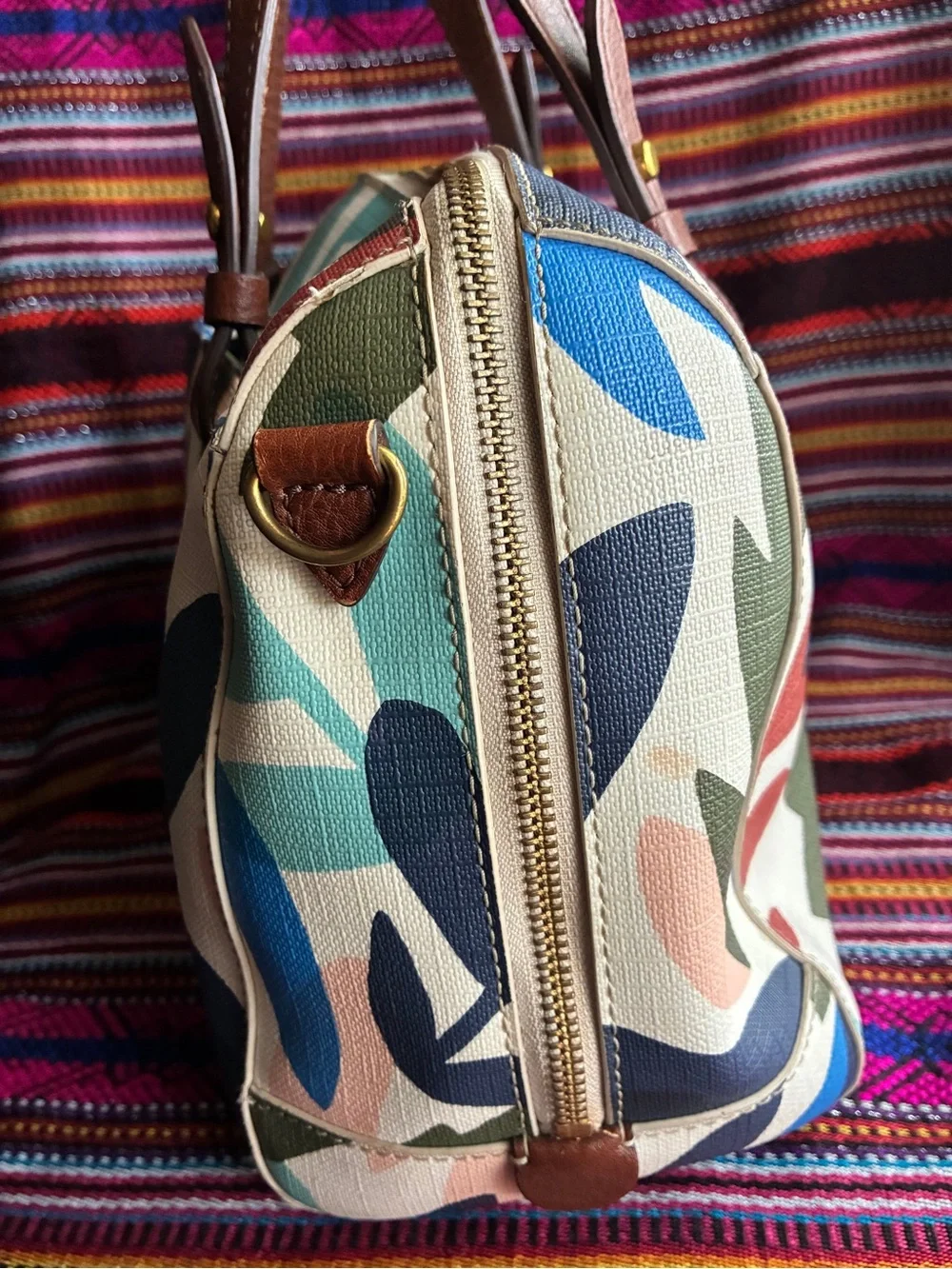 Fossil Multicolor Leaf-Print Satchel with Brown Trim